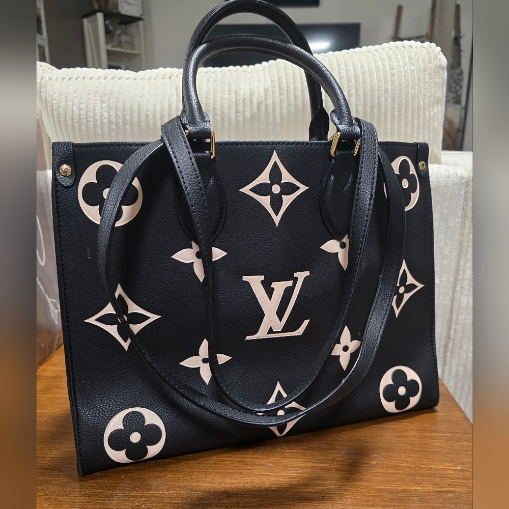 Source Unknown Black Tote with Cream Monogram Accents